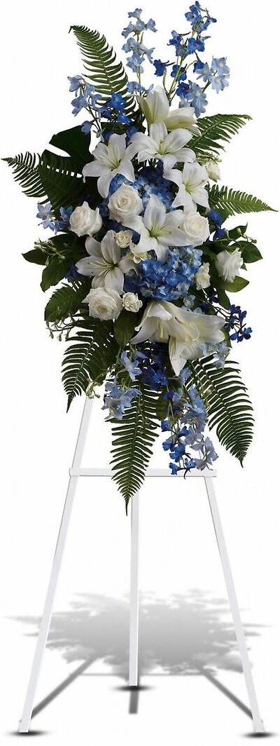 My Beloved White and Blue Floral Standing Spray