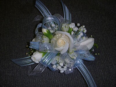 Prom Wrist Corsage White &amp; Blue